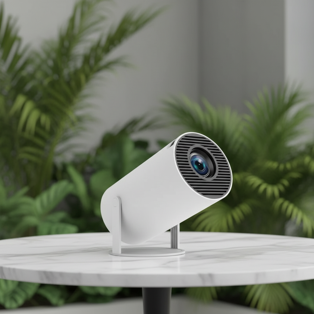 Mini Projecteur Portable HY300 sur table en marbre avec plantes vertes
