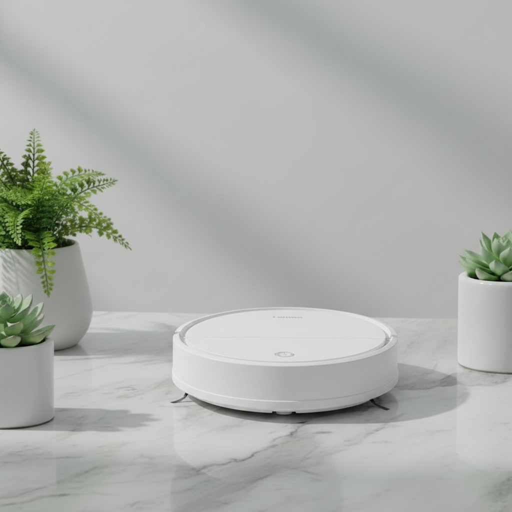 Aspirateur robot Lenovo sur table en marbre avec plantes