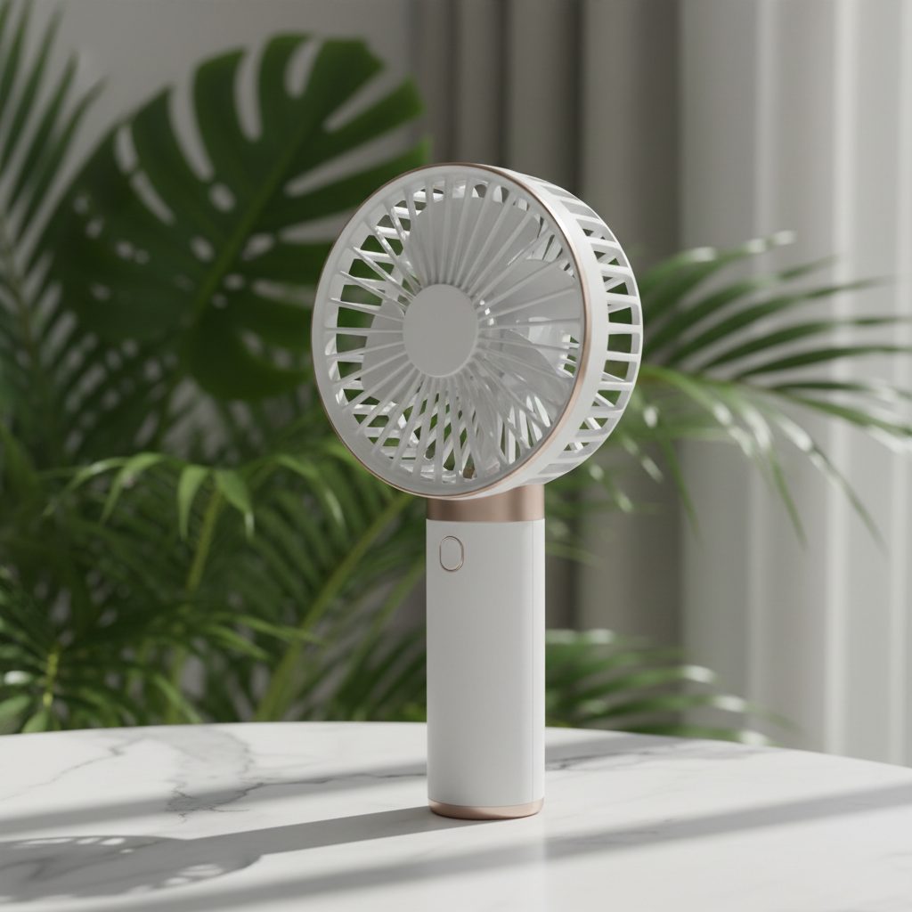 Mini ventilateur portable USB rechargeable sur marbre blanc avec plantes vertes